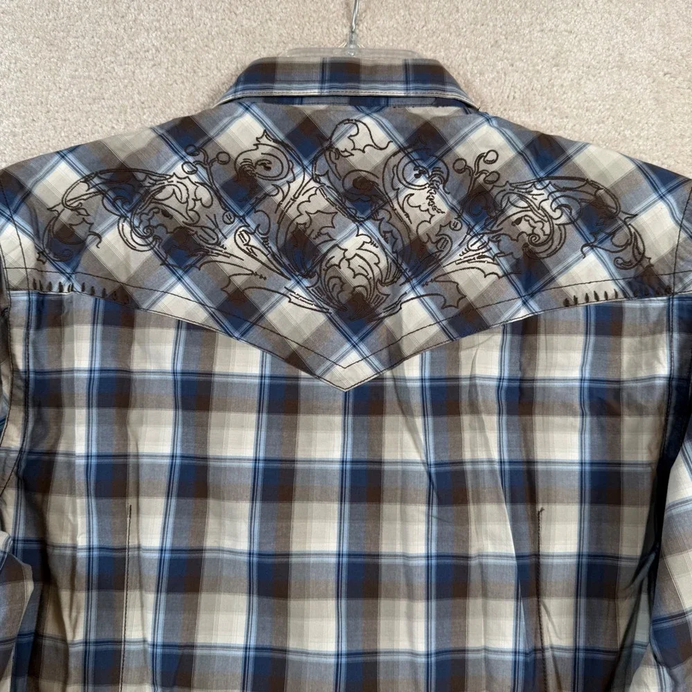 7 Diamonds Mens XL Blue Plaid Western Snap Button Embroidered Long Sleeve Shirt